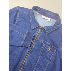 Denim & Co Womens XL Blue Zip Front Stretch Denim Jacket Ribbed Cuffs Dark Wash